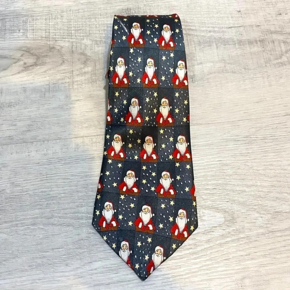Christmas Holiday Santa  Neck Tie 56" Navy Red Gold